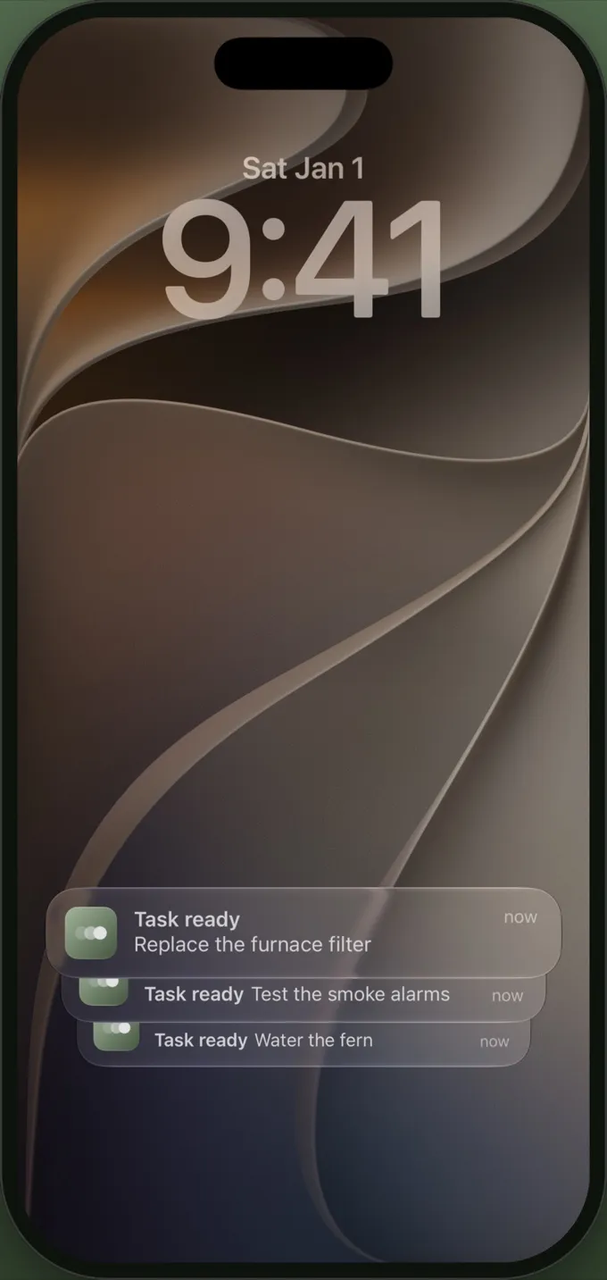 Three Morumbra reminders on the Lock Screen, one for each Ready task.