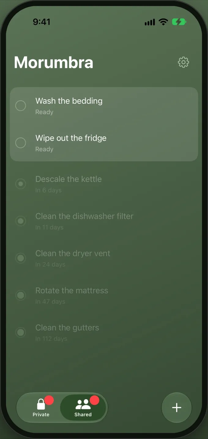 A shared list of household tasks, with Private and Shared tabs at the bottom.